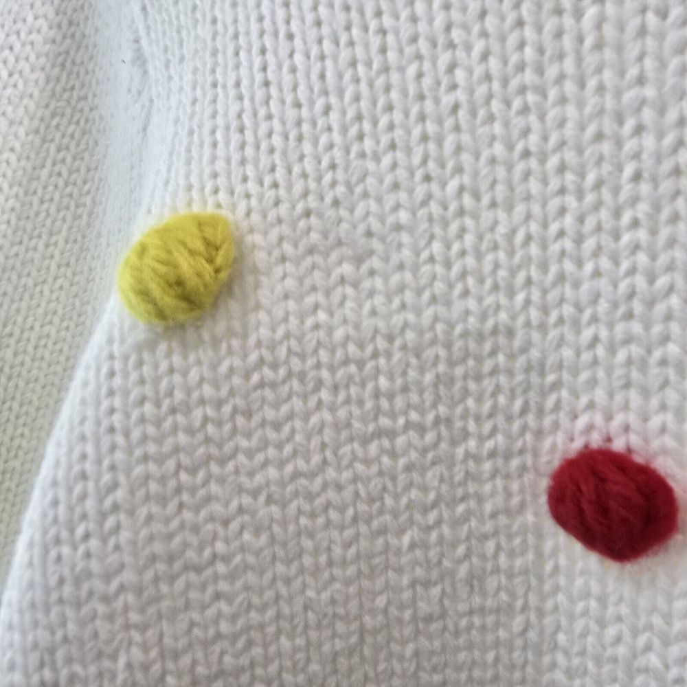 Modcloth Sweater Womens Large White Red Pom Puff Rainbow Blowing Bubbles Mod - Picture 9 of 11